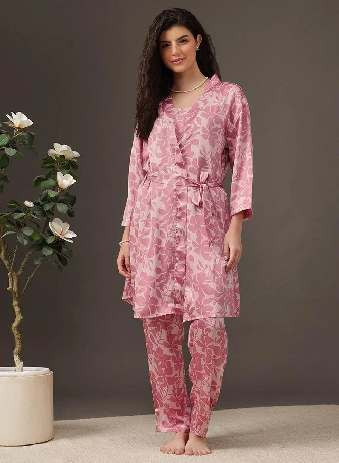 Clovia Pack of 3 - Floral Satin Cami, Robe and Pyjama